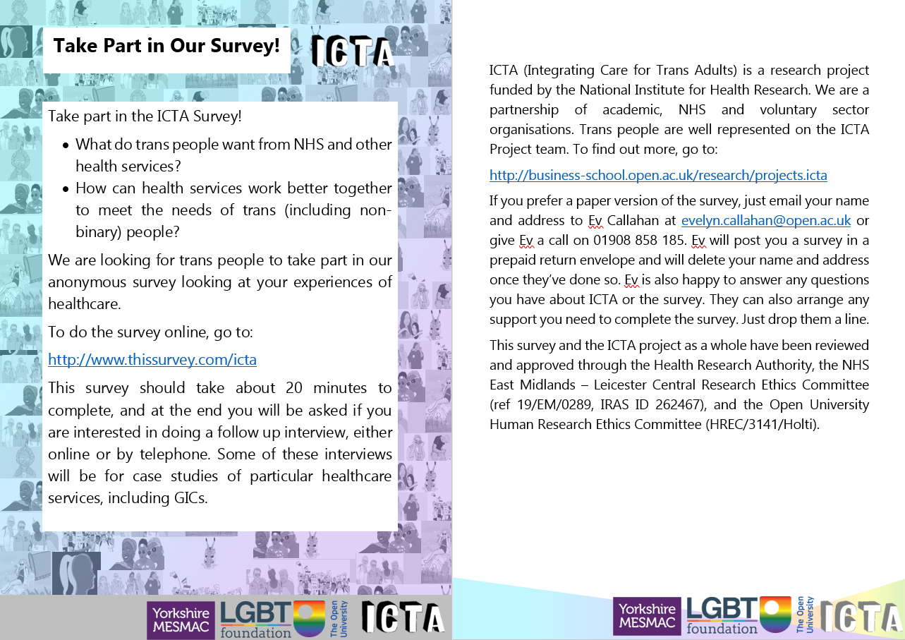 The image describes how to take part in the ICTA (Integrating Care for Trans Adults) project.